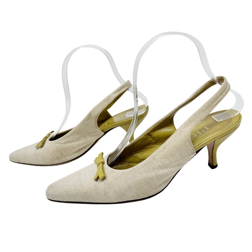 Prada Slingback Heels Canvas Bow Beige Chartreuse Green Pointed Toe 36.5 - Picture 3 of 6